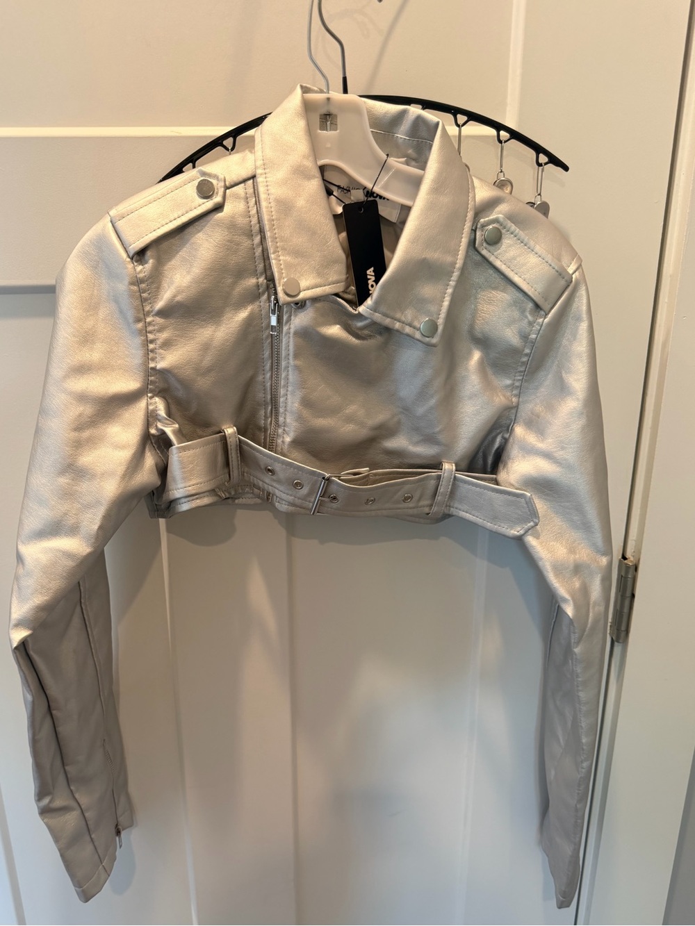 NWT Fashion Nova Pop It Crop It Silver Metallic Faux Leather Moto Jacket Size M